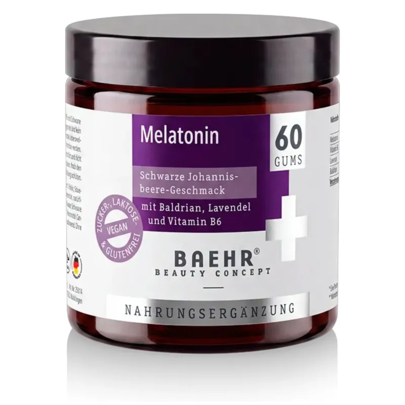 BAEHR Melatonin Gums mit Baldrian, Lavendel und Vitamin B6 – Schwarze-Johannisbeere-Geschmack, 150g - 60 Stück