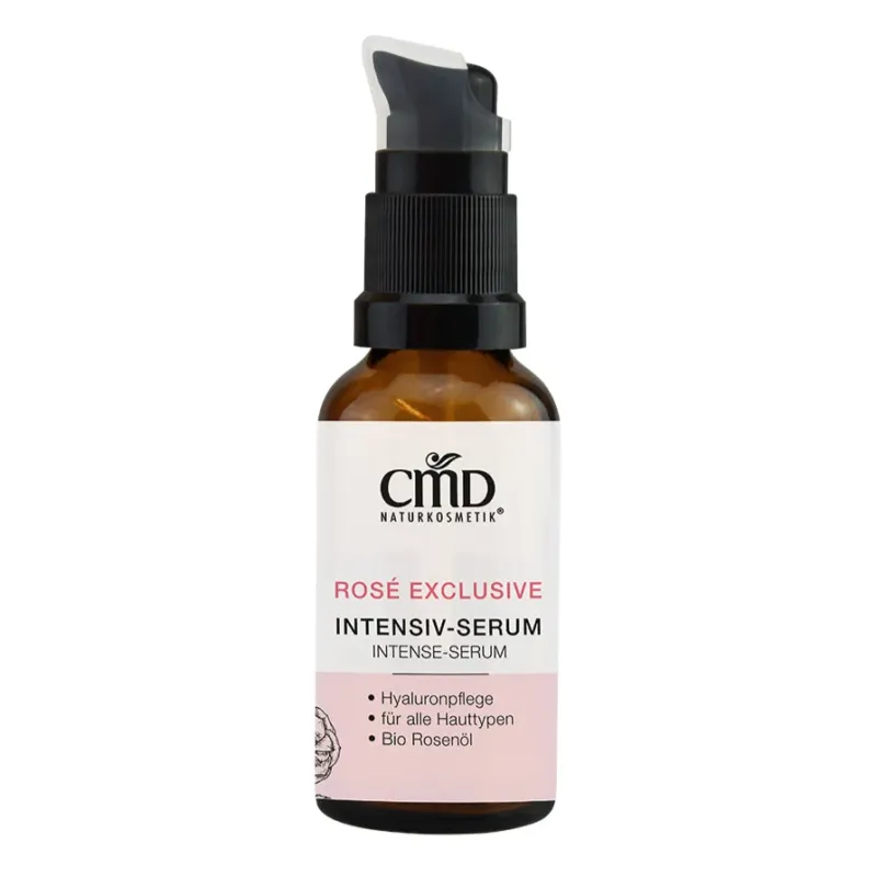 CMD NATURKOSMETIK Rosé Exclusive Intensiv-Serum – Während der Hyaluronsäure-Komplex die Feuchtigkeitsdepots nachhaltig aufpolstert und feine Linien reduziert, beruhigen Bio Borretschsamen- und Bio Nachtkerzenöl die Haut, 30ml