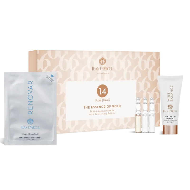 JEAN D'ARCEL The Essence of Gold - 14 Tage Ampullenkur – für glatter wirkende, strahlende und intensiv gepflegte Haut, -, Produkte und Umkarton