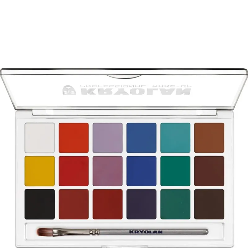 KRYOLAN Aquacolor Set 18 Farben – Hochpigmentierte, wasseraktivierbare Schminke für Bodypainting, Theater & kreative Make-up-Looks, 50g
