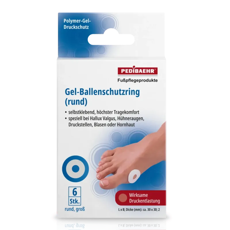 PEDIBAEHR Gel-Ballenschutzringe, groß, 1 Pack 6 Stück, rund Verpackung