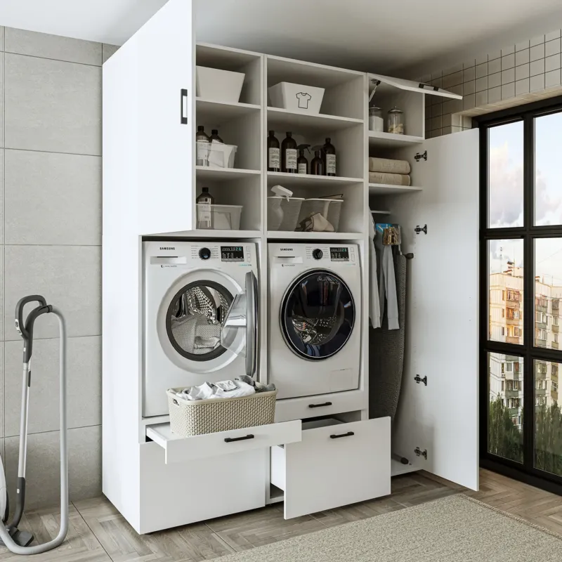 Roomart Waschmaschinenschrank SERIE 2, Doppelschrank mit Ausziehbrettern und Hochschrank, in 3 Farben
