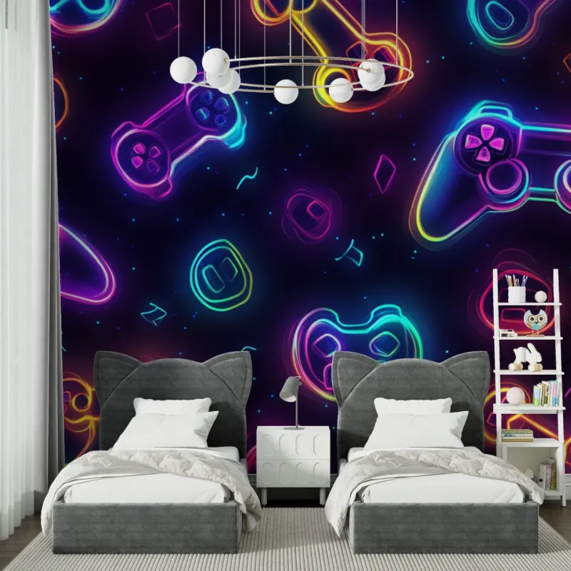 Gaming room with neon controller wallpaper creating amazing streaming backdrop