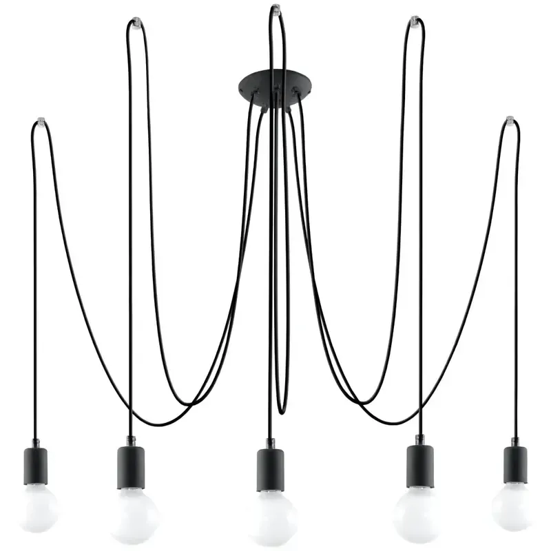 Schwarze Hängelampe mit fünf flammigen Pendeln in freier Kabelführung – moderne Pendelleuchte im minimalistischen Design