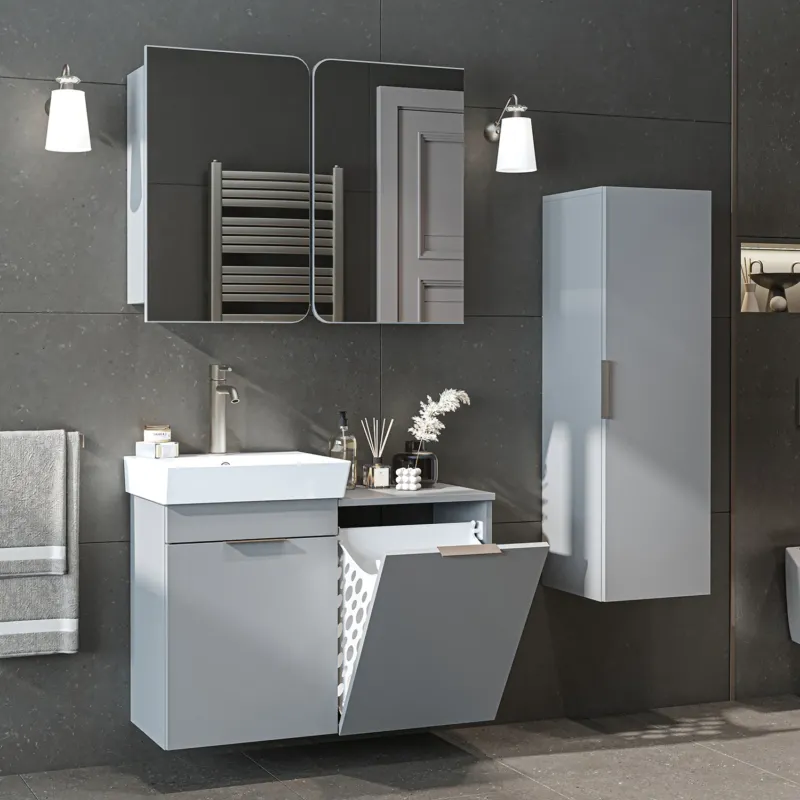 Badmöbel-Set LYCIA 49 cm in Grau mit Waschbecken und Wäschekorb