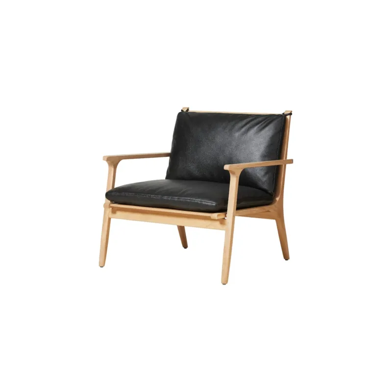 Rén Lounge-Sessel, large, Eiche, Kissen m. schwarzem Leder