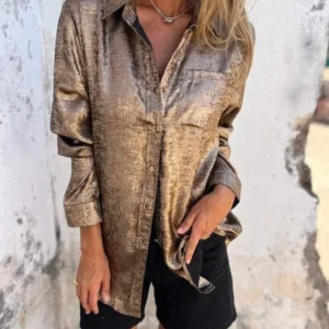 Metallic Button Down Shirt Bronze Shimmer Finish - Product showcase