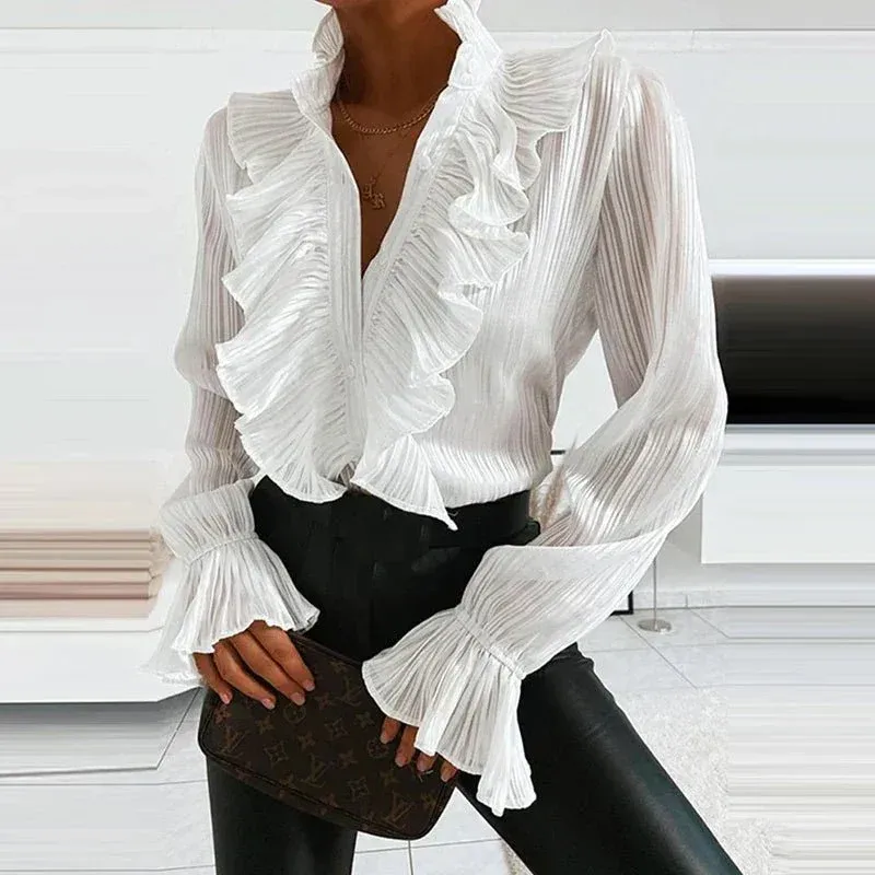 Ruffled Chiffon Blouse Pleated Long Sleeve Design - Product showcase