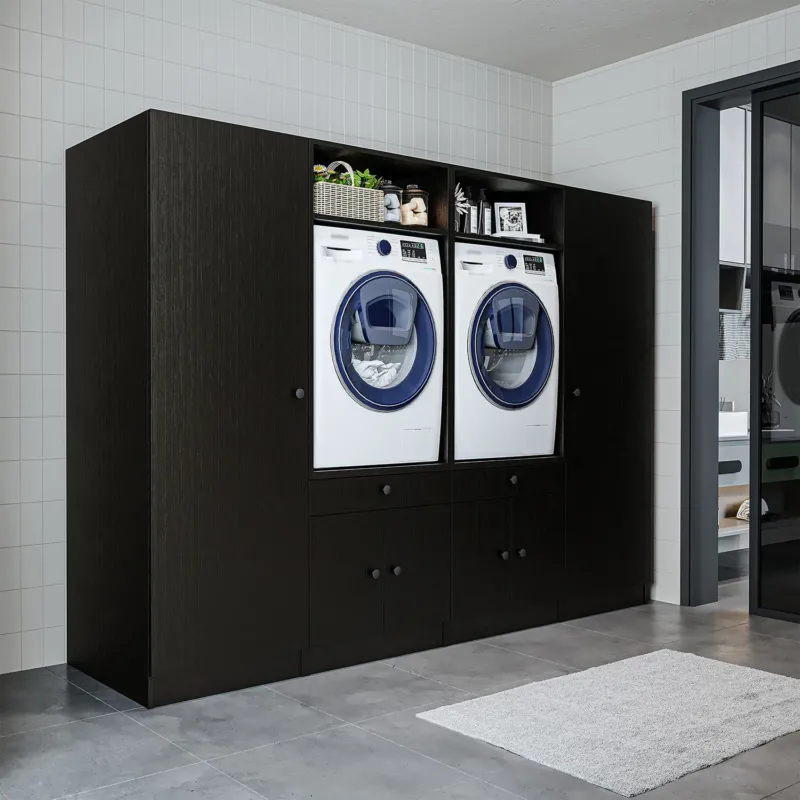 Waschmaschinenschrank SERIE 1 in Schwarz mit Hochschrank für zwei Geräte