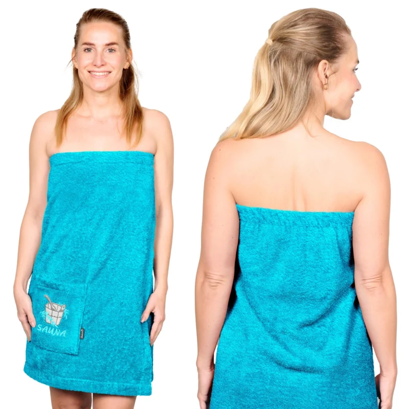 Saunakilt Damen Blau - Aquamarin Übergröße L - XXL, Übergröße Saunatuch mit Klettverschluss