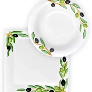 2er Set Kombiservice Olive, Tiefer Suppenteller 23 cm und Servierplatte 27 x 27 cm, Handgemachtes Geschirrset aus Italienischer Keramik