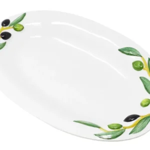 Handgemachte Ovale Servierplatte aus Italienischer Keramik im Olivendesign, Servierteller 32x19 cm
