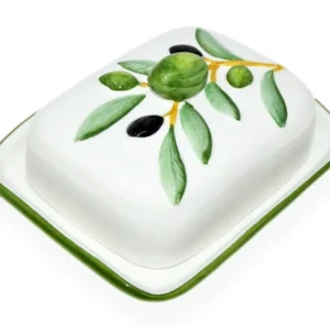 Handgemachte Butterdose aus Italienischer Keramik im Olivendesign, Butterschale Größe 18 x 14 cm