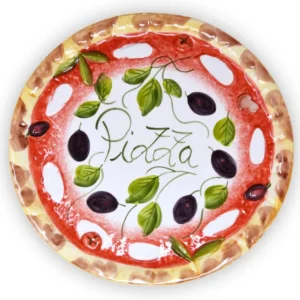 Handgemachter Pizzateller Olive aus Italienischer Keramik, Großer Teller Rund 33 cm