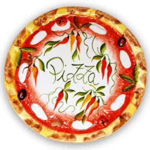 Handgemachter Pizzateller Paprika aus Italienischer Keramik, Großer Teller Rund 33 cm