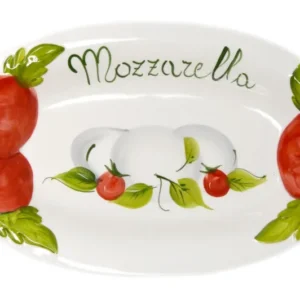 Handgemachte Ovale Servierplatte im Tomate Mozzarella Design aus Italienischer Keramik, Servierteller 31x20 cm, 3 cm tief