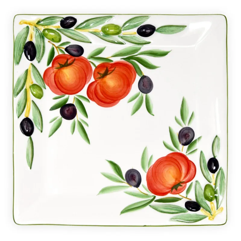 Eckige Aufschnittplatte Keramik, Handgemachter Servierteller 27x27 cm, Gourmetplatte Design: Tomate Olive