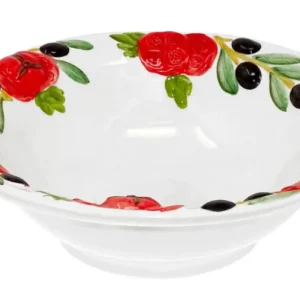 Handbemalte Servierschale Keramik, Relief Salatschüssel Tomate Olive, Italienische Pastaschale rund 27 cm Ø