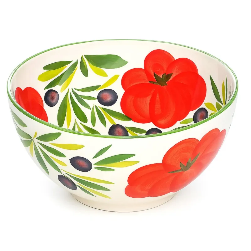 Servierschale rund 26 cm, Italienische Keramik Schüssel Tomate - Olive, Große Salatschale handgefertigt