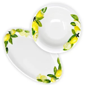 2er Set Kombiservice, Runde Salatschüssel 26 cm und Ovale Servierplatte 34 x 19 cm mit Zitronenrelief, Handgemachtes Keramik Geschirrset