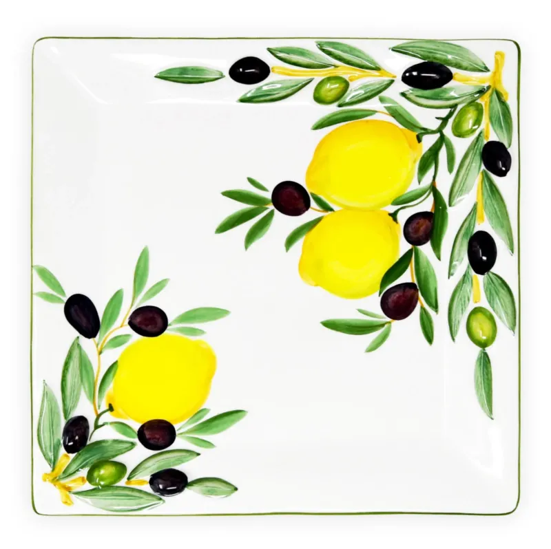 Italienische Servierplatte mit Reliefdekor, Keramikteller Motiv: Zitrone Olive, Quadratische Salatplatte 27x27 cm