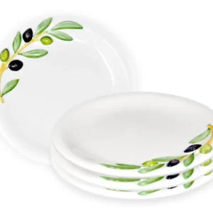 4er Set Handgearbeitete Oliven Keramikteller, Handbemalte Essteller 4 Stück mit Relief, Abendbrotteller 20 cm