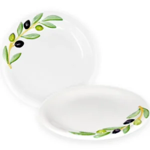 2er Set Runde Keramikteller, Doppelpack Handgearbeitete Abendbrotteller mit Oliven 3D Relief, Frühstücksteller 20 cm