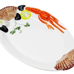 Handgemachte, Ovale Servierplatte aus Italienischer Keramik, Fischteller im Meeresfrüchtedesign, Servierteller 32x20 cm
