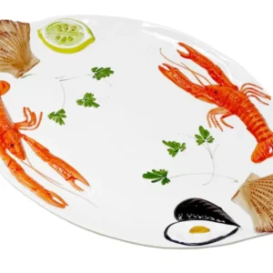 Handgemachte Ovale Servierplatte aus Italienischer Keramik im Meeresfrüchtedesign, Großer Servierteller 50x32 cm