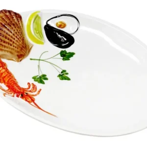 Handgemachte Ovale Servierplatte aus Italienischer Keramik im Meeresfrüchte Design, Servierteller 26x18 cm