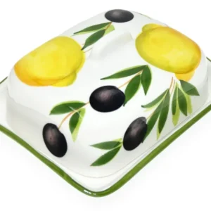 Handgemachte Butterdose aus Italienischer Keramik bemalt Zitronen - Olive Größe 18x14 cm