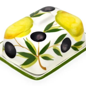 Handgemachte Butterdose aus Italienischer Keramik bemalt Zitronen - Olive Größe 12x9 cm