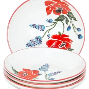 Tiefteller für Suppe 19 cm Ø, 4er Teller Set bunt Mohnblume, runde Pastateller Keramik